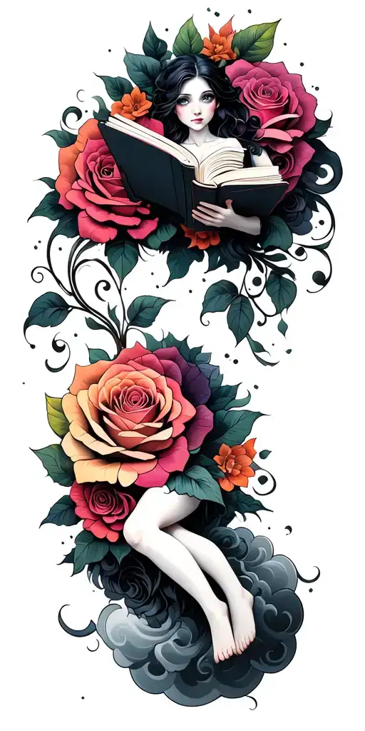 multi colored rose floral pattern with a sprite laying on her back reading a book in a cloud and surrounded by clouds tattoo design idea