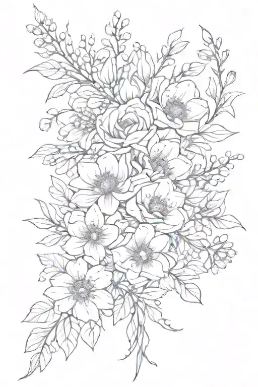 may, july, march, december birth flower bouquet tattoo design idea