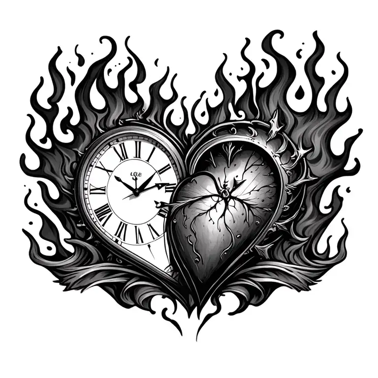 "Mélanie" clock heart in flame tattoo design idea