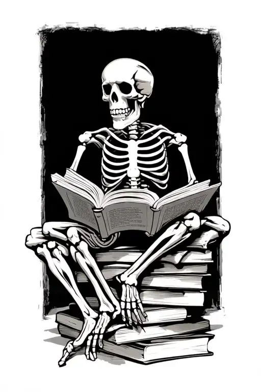 skeleton sitting on a pile of books reading two, side portfolio  tattoo design idea