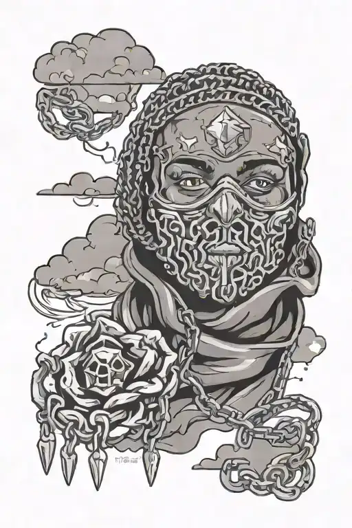 a hand over a ski mask and out of the hand is diamonds and gold chains floating around on clouds and a quote underneeth  tattoo design idea