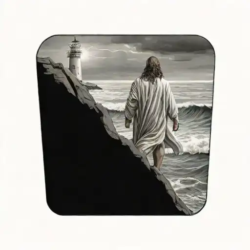 Hyper Realistic, Portrait of Jesus Christ walking from the back towards a Lighthouse in the distance, stormy waters tattoo design idea