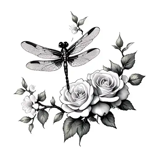 gothic small dragonfly perched on roses and cherry blossom tree tattoo design idea