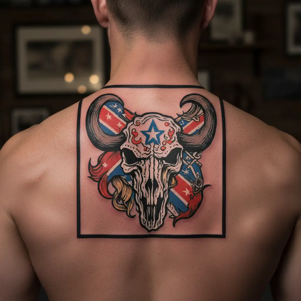 bull skull confederate flag wrapped tattoo design idea