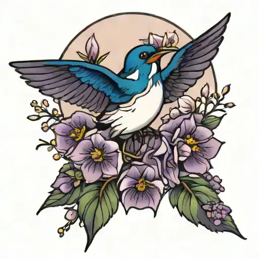 swallow bird and purple moon and flowers  tattoo design idea
