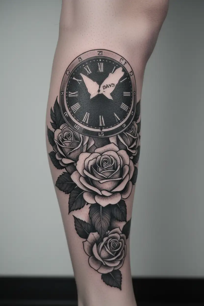 California, rehab, sobriety, 30 day AA chip 60 day AA chip, clock, roses  tattoo design idea