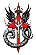 Flamel symbol from Fullmetal Alchemist, serpent on cross, wings and crown, tattoo style, alchemical, black and red ink tattoo design idea