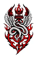 Flamel symbol from Fullmetal Alchemist, serpent on cross, wings and crown, tattoo style, alchemical, black and red ink tattoo design idea