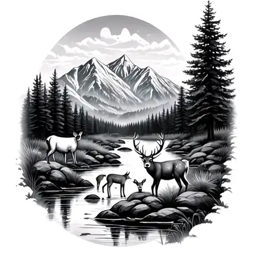 distant mountains with a stream running through a forest with a male deer and female deer and baby deer drinking from it tattoo design idea
