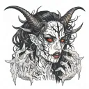 Sexy pale skinny Girl, pure white eyes, demonic black horns, messy black hair, long terrifying fingernails. bloody. tattoo design idea