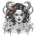 Sexy pale skinny Girl, pure white eyes, demonic black horns, messy black hair, long terrifying fingernails. bloody. tattoo design idea