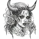 Sexy pale skinny Girl, pure white eyes, demonic black horns, messy black hair, long terrifying fingernails. bloody. tattoo design idea