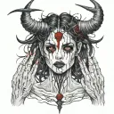 Sexy pale skinny Girl, pure white eyes, demonic black horns, messy black hair, long terrifying fingernails. bloody. tattoo design idea