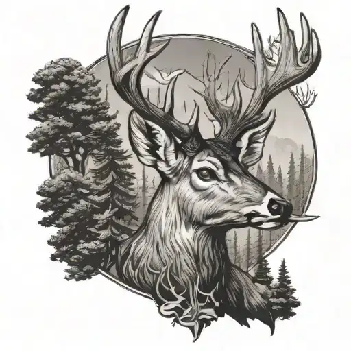 cross and whitetail deer head with trees tattoo design idea