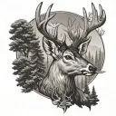 cross and whitetail deer head with trees tattoo design idea