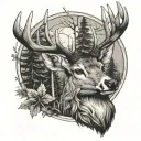 cross and whitetail deer head with trees tattoo design idea