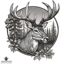 cross and whitetail deer head with trees tattoo design idea