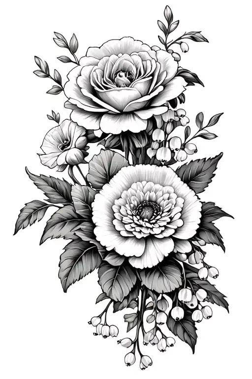 Carnations, rose, Chrysanthemums and lilly of the valley tattoo design idea