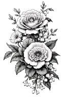 Carnations, rose, Chrysanthemums and lilly of the valley tattoo design idea