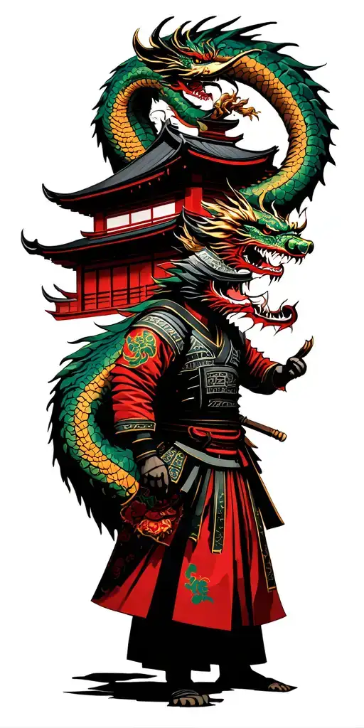 japanese building with samurai warrior and dragon wrapped around  tattoo design idea