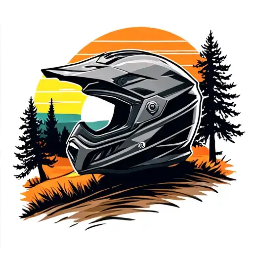motocross helmet surrounded with trees colors sunset tattoo design idea