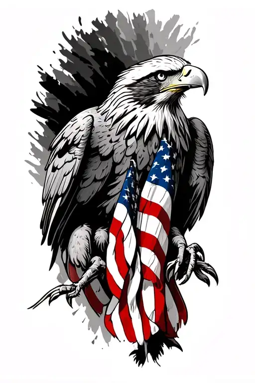 A patriotic tattoo featuring an eagle clutching the American flag in its talons, set against a black and grey background tattoo design idea
