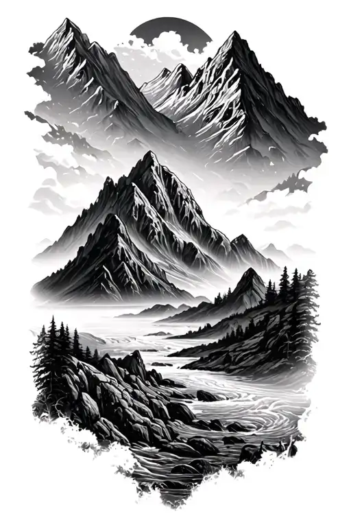 mountain, valley, river flowing tattoo design idea