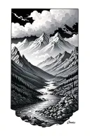 mountain, valley, river flowing tattoo design idea