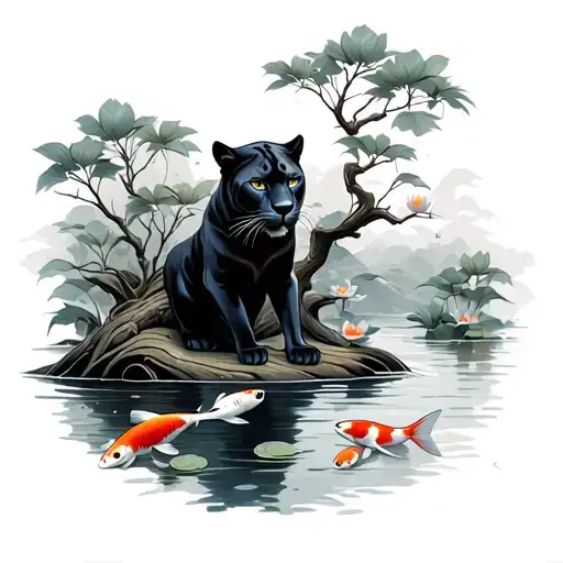 A black panther sits in a tree, gazing at a river filled with koi fish and water lilies. tattoo design idea