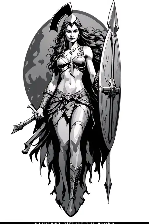 ares as a female spartan with spear and shield adorned tattoo design idea
