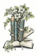books with branches of ivy and willow tree and flowers  tattoo design idea