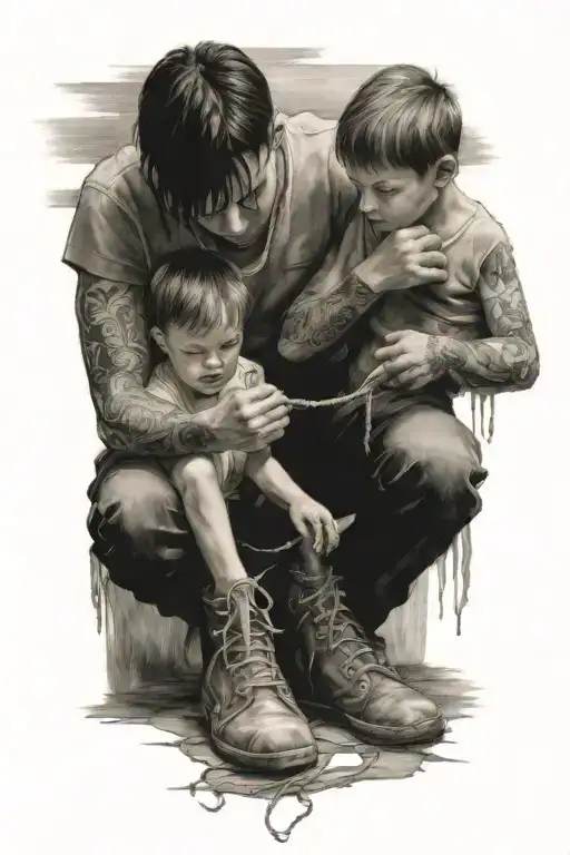 big brother ties the shoelaces of his younger brother tattoo design idea
