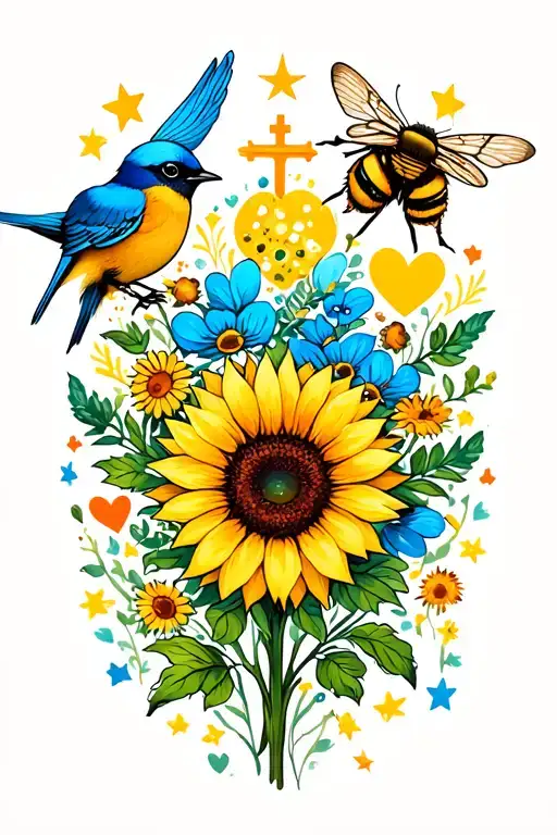 sunflower, bluebird, stars, hearts, cross, honey bee, butterflies, wildflowers tattoo design idea
