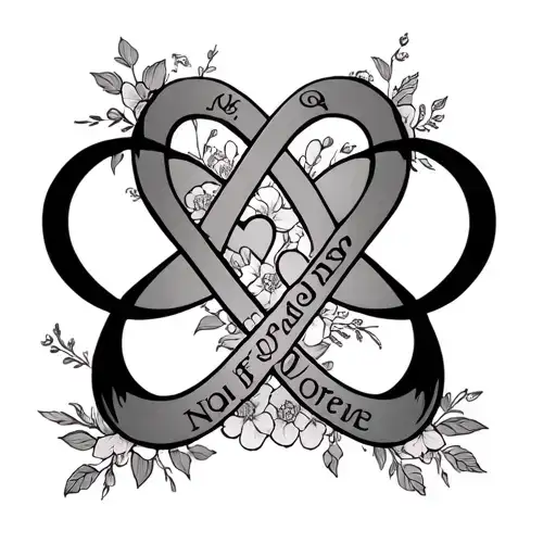 infinity sign incorporated with names Neq and Pope with hearts and flowers tattoo design idea