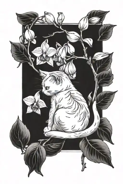 A white kitten sits with its back to me and sniffs an orchid branch, there are two spots on its back near its tail tattoo design idea