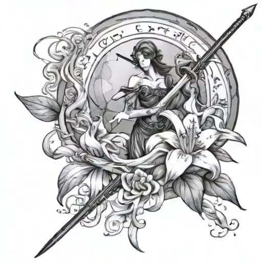 "I am the one thing in life I can control", with a cresent moon and lilies and skinny sword tattoo design idea