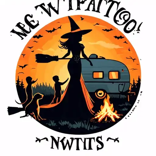 silhouette of busty sexy witch bride on broomstick over a campsite with a trailer and campfire with children & dog tattoo design idea