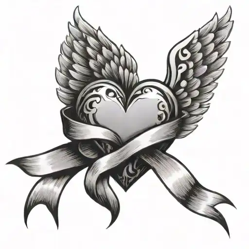 winged heart with ribbon wrapping tattoo design idea