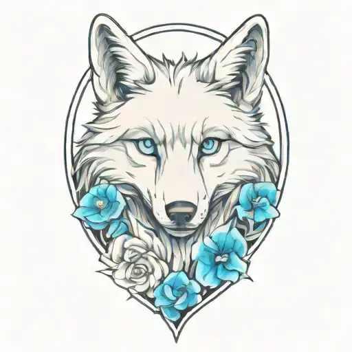 happy wolf puppy with blue eyes surrounded tattoo design idea