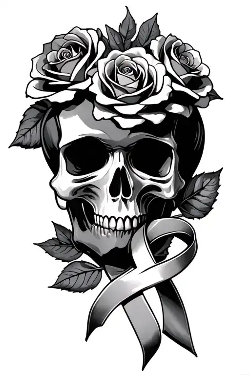 skull, roses, cancer ribbon intertwined tattoo design idea