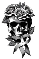 skull, roses, cancer ribbon intertwined tattoo design idea