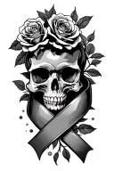 skull, roses, cancer ribbon intertwined tattoo design idea