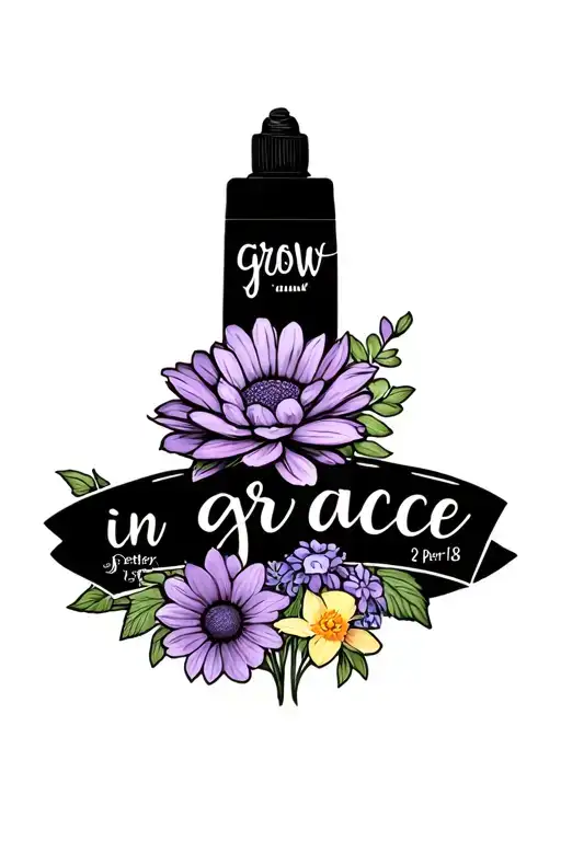 says "grow in grace - 2 peter 3:18" that includes a chrysanthemum, a daffodil, a cosmos, and a violet tattoo design idea