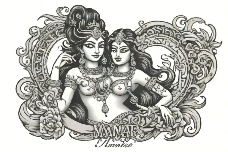 Name Mamta  with goddess on lower belly tattoo design idea