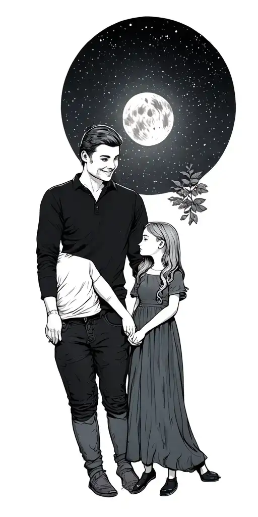 dad daughter holding hands under a starry sky tattoo design idea