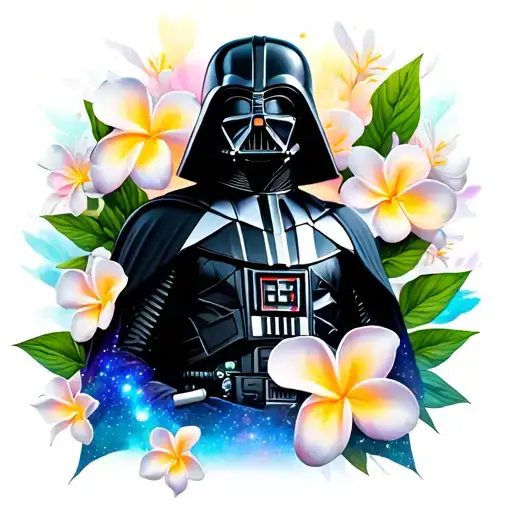darth vader with galaxy back ground and plumeria tattoo design idea
