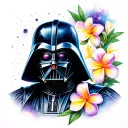 darth vader with galaxy back ground and plumeria tattoo design idea