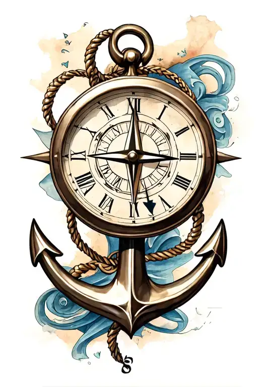 clock, anchor,  compass, VII tattoo design idea