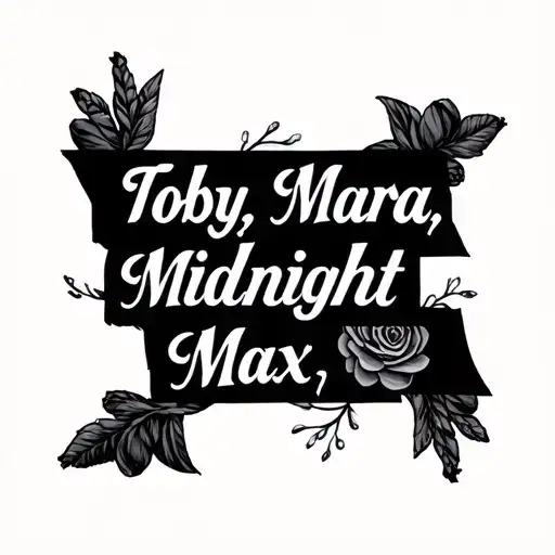 "Toby, Mara, Midnight, Max" minimal word design tattoo design idea