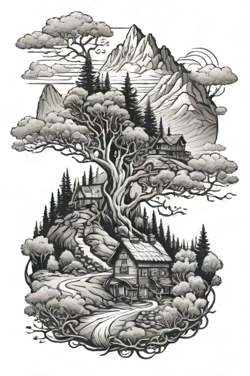 On quad Similar to Pinterest with mountain and treeMt Bachelor or 3 sisters or bothSurrounded by trees Road or path  tattoo design idea